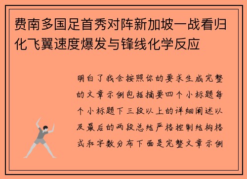 费南多国足首秀对阵新加坡一战看归化飞翼速度爆发与锋线化学反应