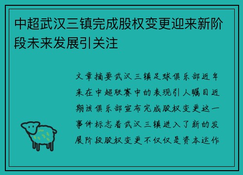 中超武汉三镇完成股权变更迎来新阶段未来发展引关注