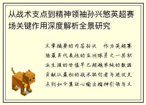 从战术支点到精神领袖孙兴慜英超赛场关键作用深度解析全景研究